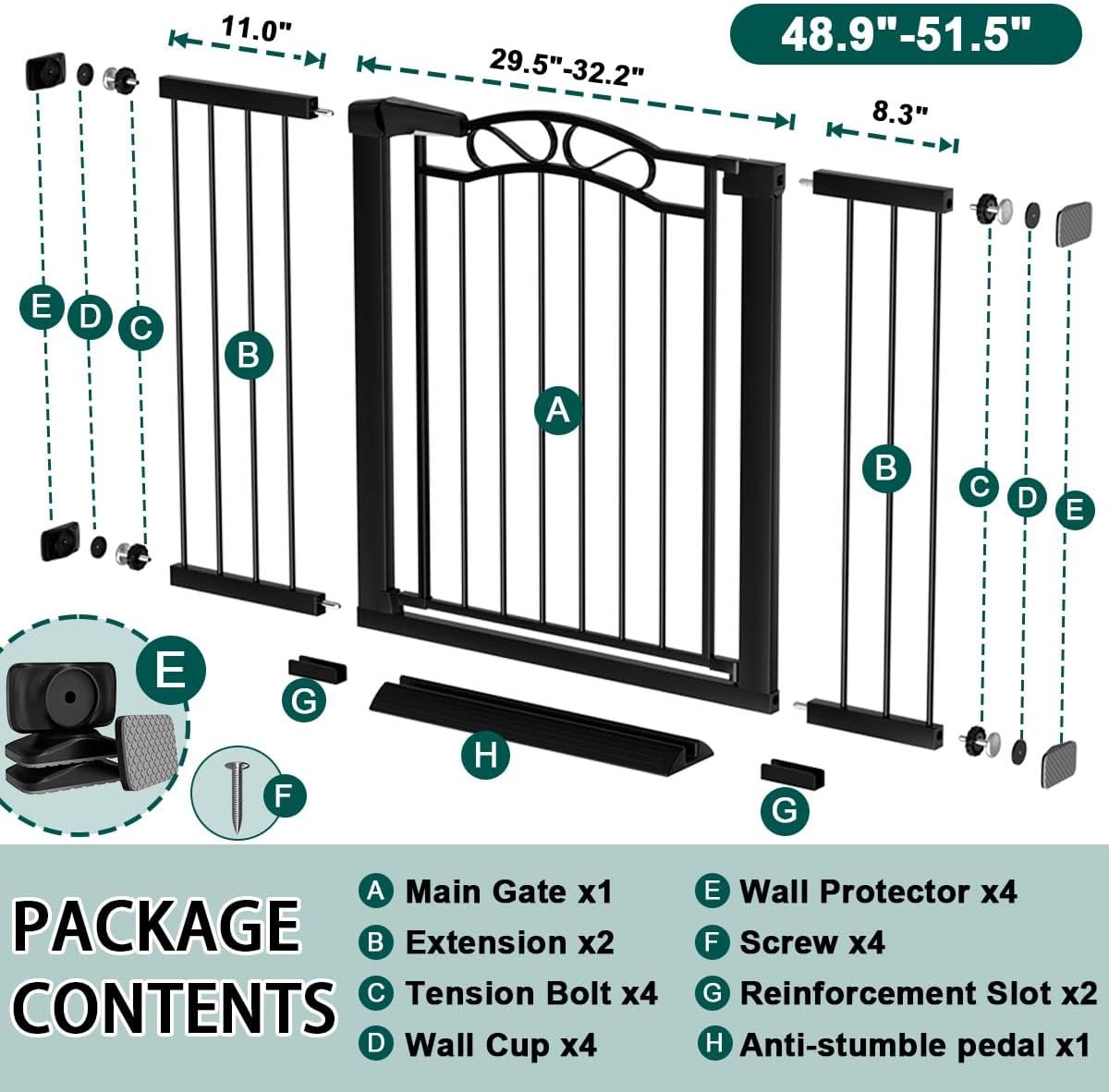 Fairy Baby 48.9'-51.5' Extra Wide Baby Gate with Door, 49 50 51 Inches Walk THR Baby Gates for Stairs Pressure Mounted no Drill, Indoor Tension Metal Pet Dog Gate, Auto Close Safety Gate, Black