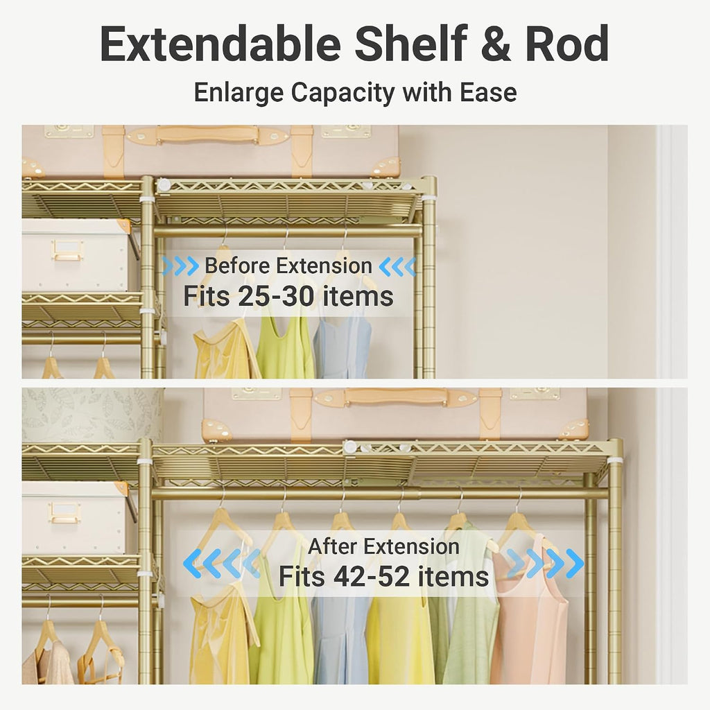 VIPEK X20 Expandable Metal Clothing Rack Adjustable from 3'3' to 4'8' Heavy Duty Garment Racks With Shelves and Hanger Rods Portable Wardrobe Open Closet System, Gold