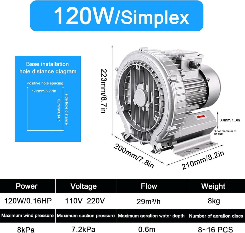 110V Regenerative Blower Single Phase, 120W-1100W, High-Pressure Industrial Vacuum Pump for Air Blowing Or Suction, Large Airflow Type High-Pressure Vortex Ring Blower,120W/0.16HP