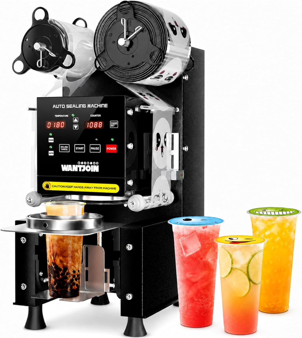 WantJoin Cup Sealing Machine Full Automatic Cup Sealer Machine 90/95mm Electric Cup Sealing Machine 500-600 Cups/H Digital Control LCD Panel Cup Sealer for Bubble Milk Tea Coffee Black