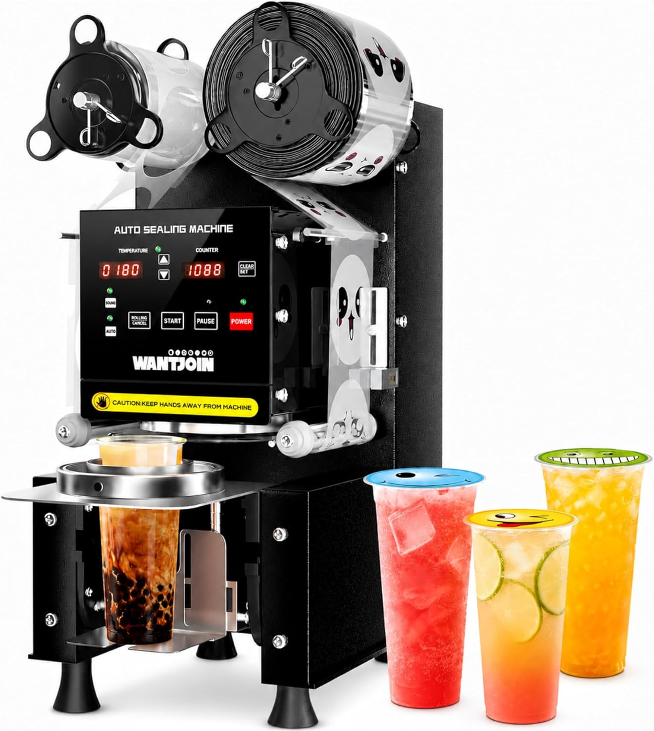 WantJoin Cup Sealing Machine Full Automatic Cup Sealer Machine 90/95mm Electric Cup Sealing Machine 500-600 Cups/H Digital Control LCD Panel Cup Sealer for Bubble Milk Tea Coffee Black