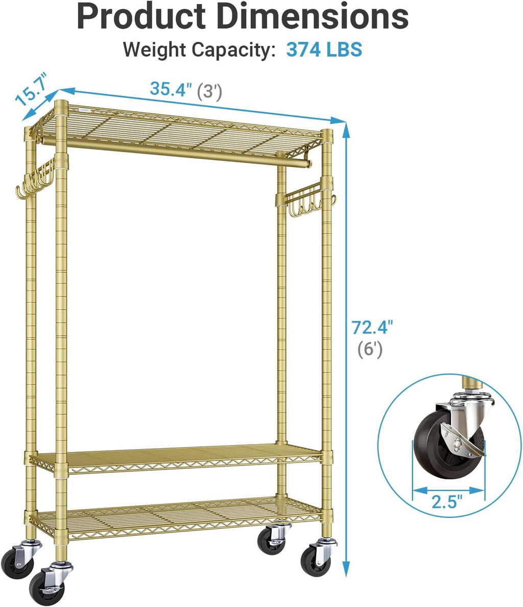VIPEK R3 Heavy Duty Clothes Rack with Lockable Wheels, Rolling Portable Closet with Adjustable Shelves & Hanging Rod & Side Hooks, Compact Space-Saving Storage for Small Apartments/Dorms (Gold)