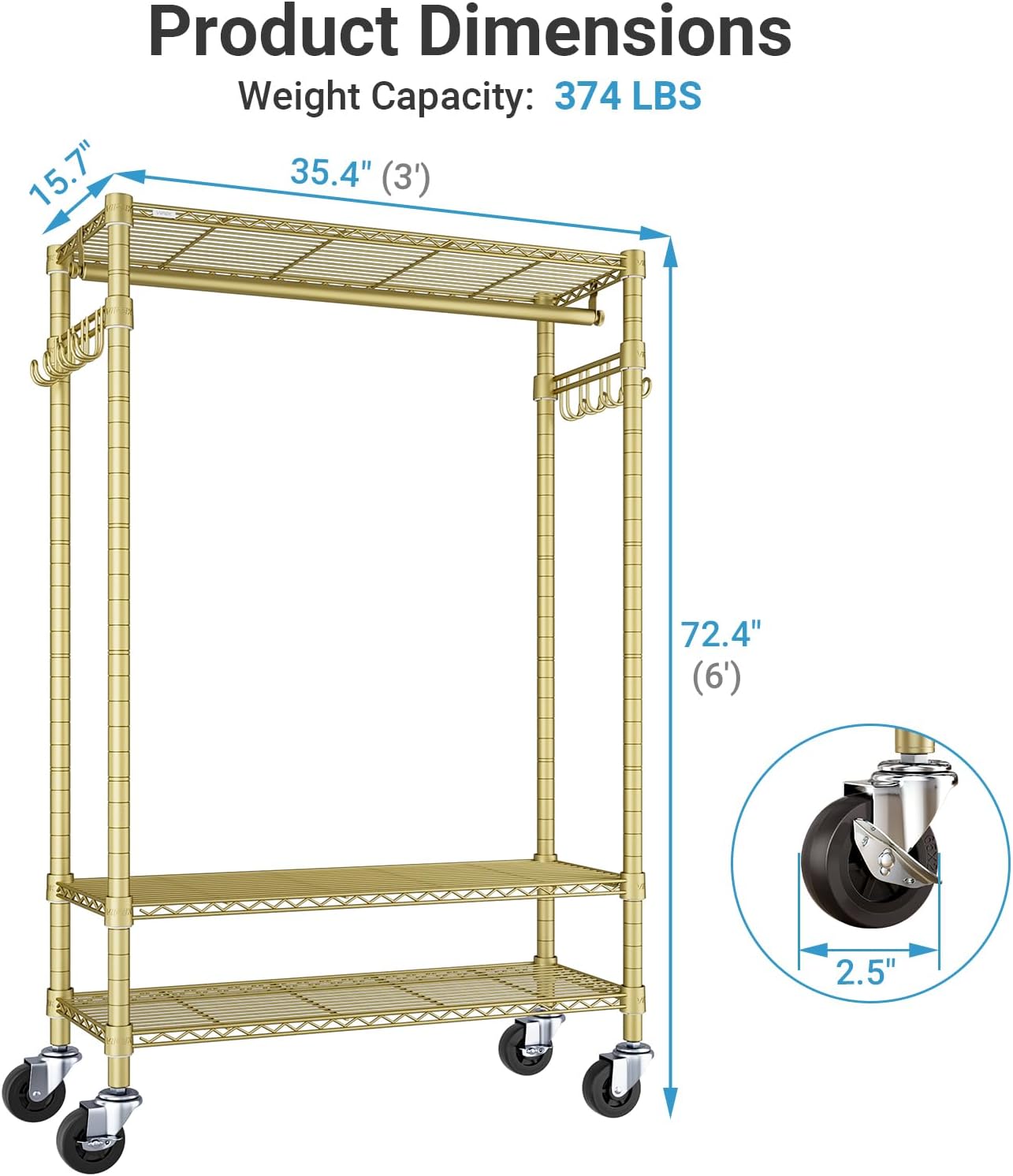 VIPEK R3 Heavy Duty Clothes Rack with Lockable Wheels, Rolling Portable Closet with Adjustable Shelves & Hanging Rod & Side Hooks, Compact Space-Saving Storage for Small Apartments/Dorms (Gold)