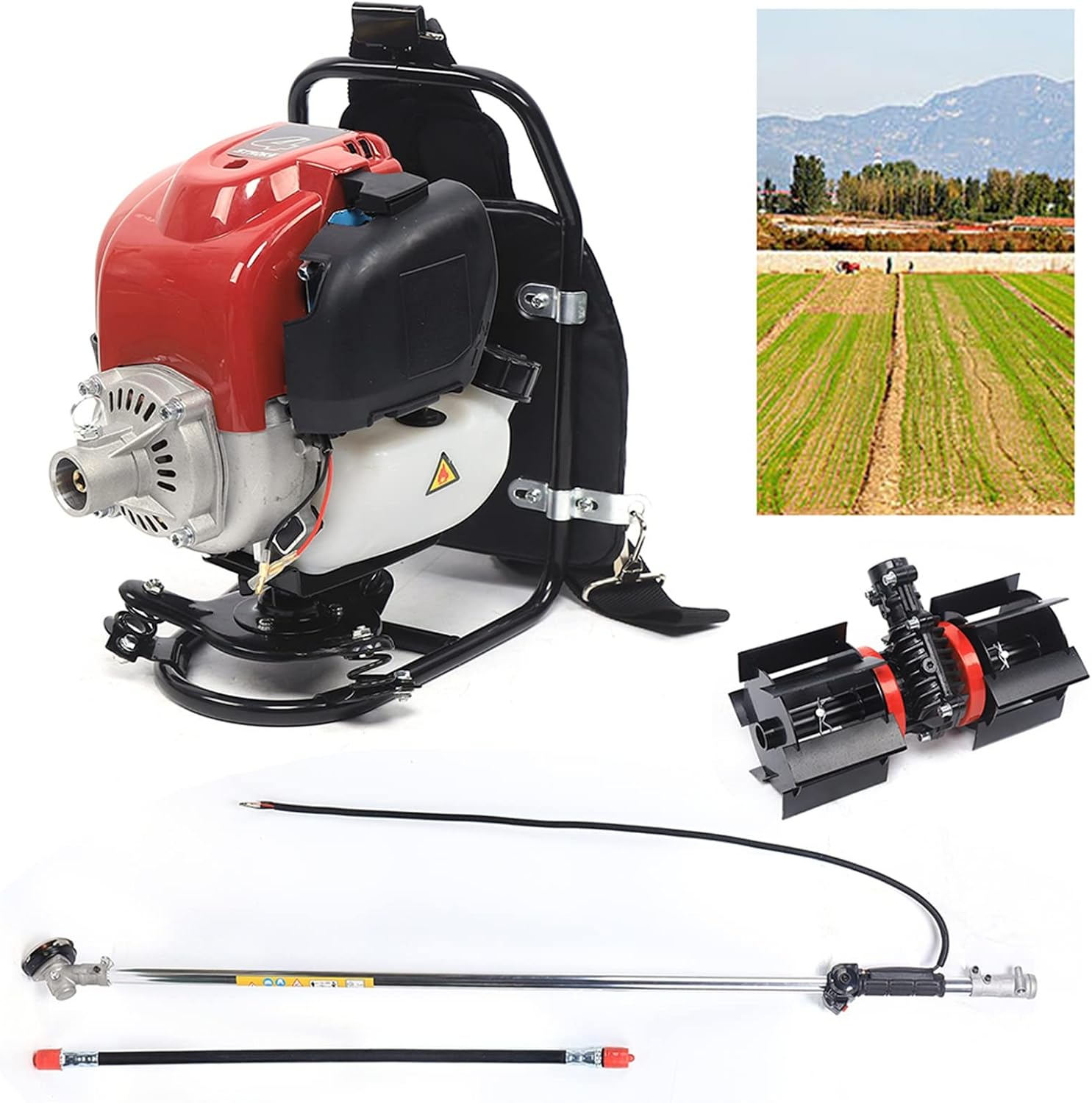 Cultivator Tiller, 35.4CC 4 Stroke Backpack Cultivator Tiller Lawn Mower Brush Cutter Hedge Trimmer, 3 in 1 Gas Powered Brush Grass Trimmer Cutter for Farmland Weeding, Harvesting, Clearing