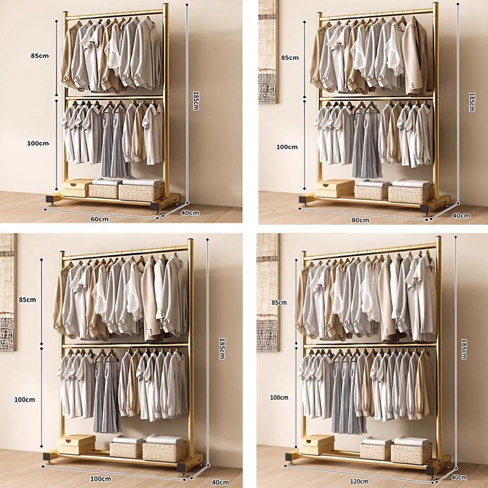 Industrial Duct Clothes Rack, Commercial Portable Wardrobe Rack, Freestanding, Double-Pole Clothes Rack, Heavy-Duty Detachable Clothes Rack, for Hanging Clothes(Gold,60x40x180cm)