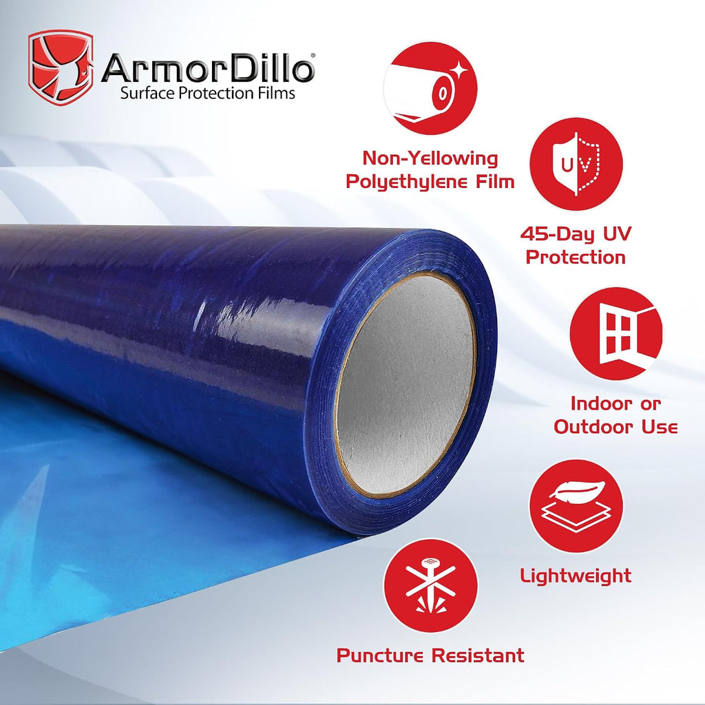 ArmorDillo Blue Window Protection Film 6' x 200' | 14.68 per roll (10 Rolls- 1 case), Surface Protection | Temporary Self-Adhesive Glass Covering, Window Masking, 45-Day UV Resistant Construction Wrap
