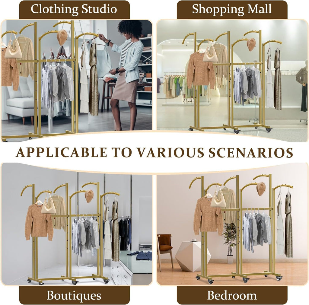 Clothes Rack 6 Arms Clothing Display Racks for Retail, Floor Standing Metal Garment Rack with Wheels 48'' to 67'' Adjustable Height for Hanging Clothes,Gold