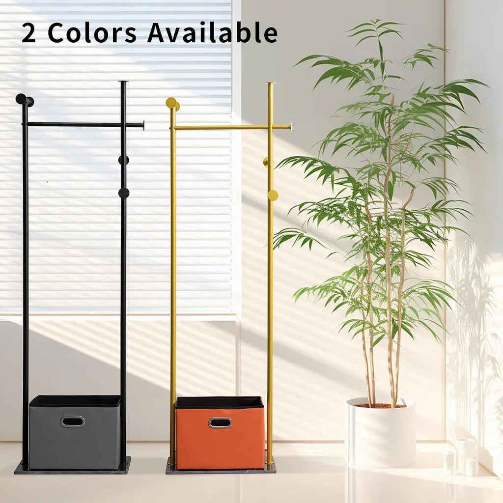 JIAYUEJU Heavy Duty Clothes Rack with Basket & Marble Base, Clothing Rack for Hanging Clothes, Coat Rack Freestanding for Entryway Bedroom Living Room Hotel 13.39' D x 19.69' W x 68.9' H (Black)