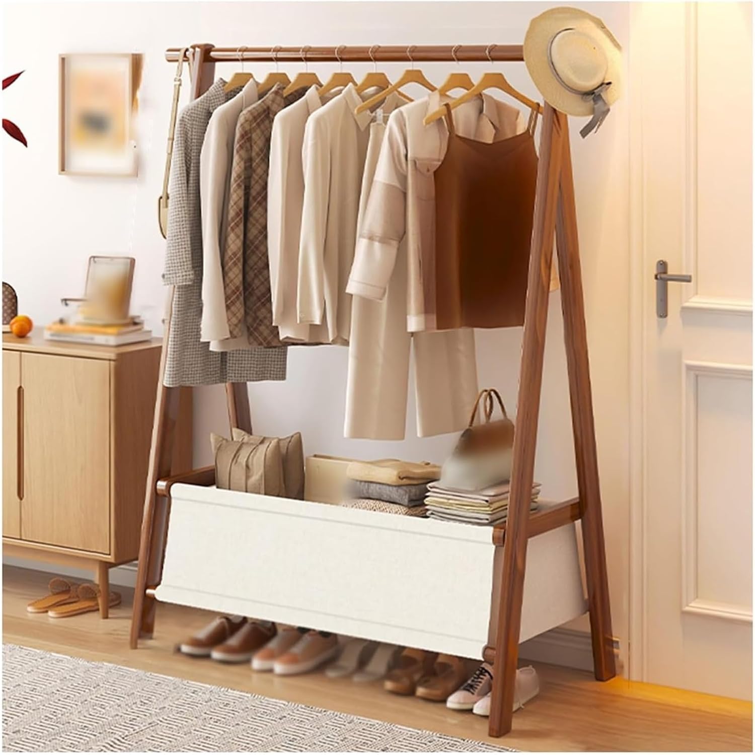 Garment Rack,Clothes Rack, Foldable Clothing Garment Rack, Wooden Clothes Hanging Rack,Living Bedroom Office Storage Shelves,For Hanging Clothes(Brown-A,118cm)