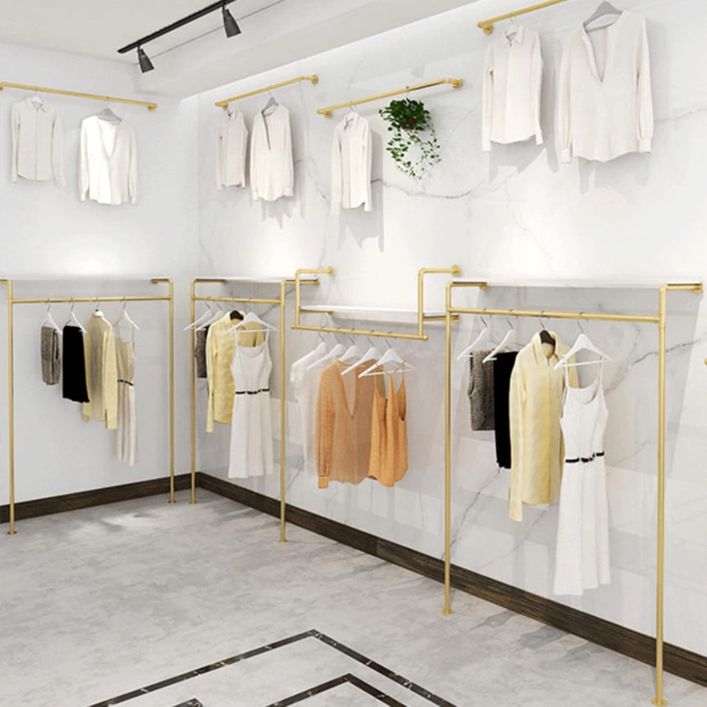 Modern Simple Industrial Pipe and Wood Garment Rack,Wall Mounted Hanging Rods Clothing Rack,Retail Display Storage Clothes Hanging Shelves(Gold, 47.2' L)