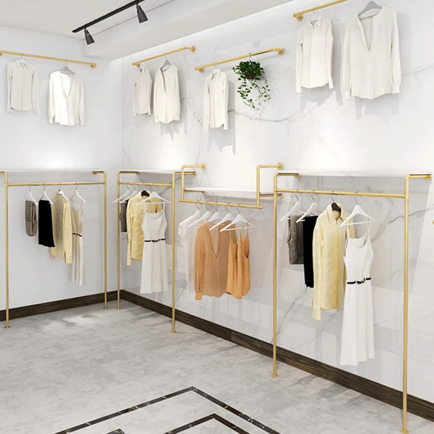 Modern Simple Industrial Pipe and Wood Garment Rack,Wall Mounted Hanging Rods Clothing Rack,Retail Display Storage Clothes Hanging Shelves(Gold, 47.2' L)