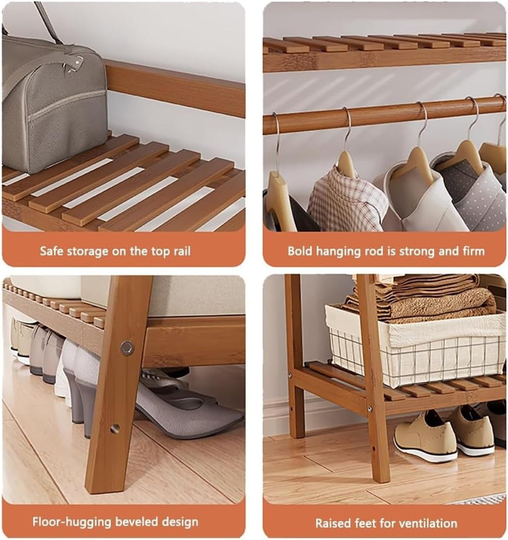 Bamboo Clothes Rack - Freestanding Garment Rack with Shelves and Shoe Storage, Clothing Rack for Hanging Clothes, Hats,for Bedroom, Closet, Office, or Dorm Organization(A,110CM)