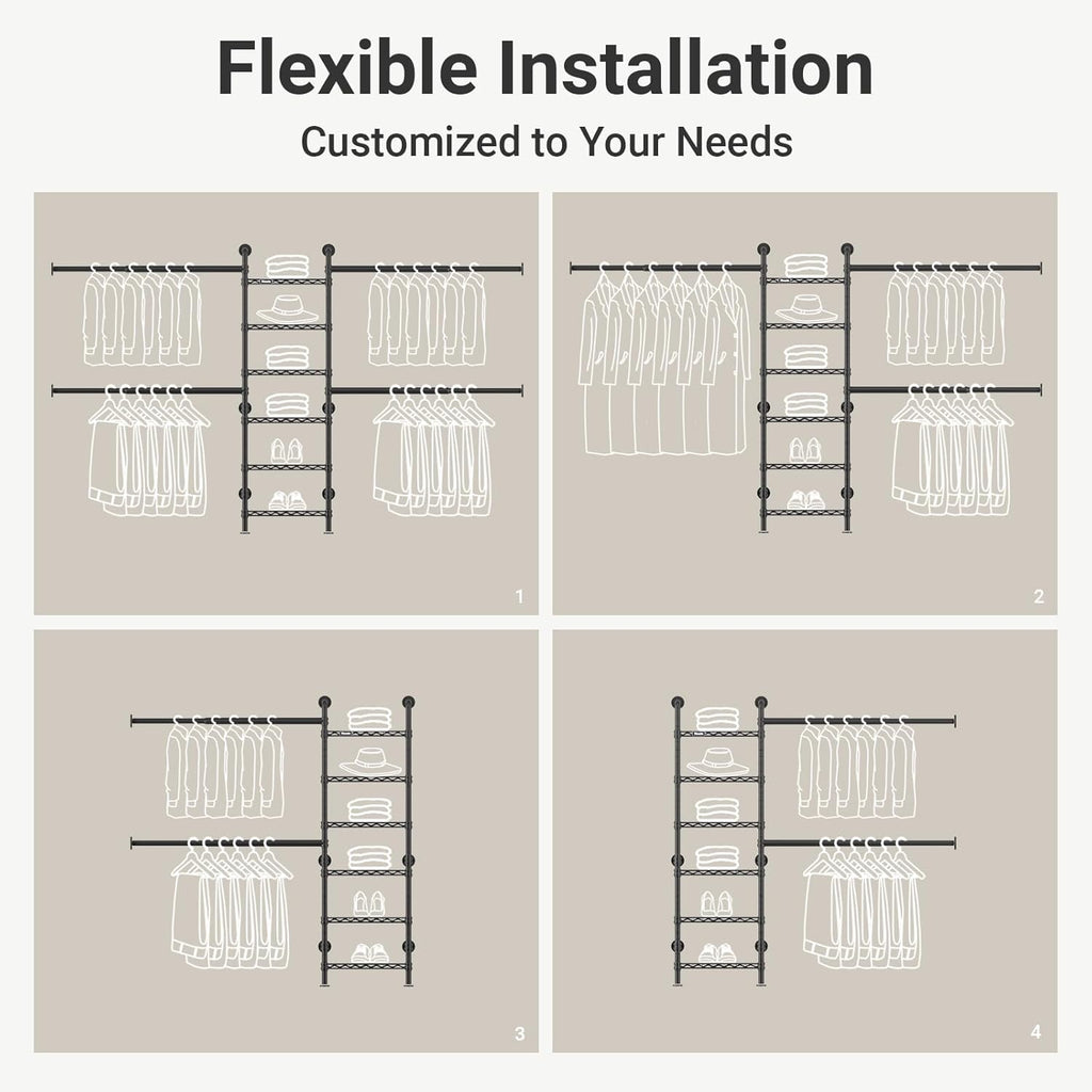 Timate S3X Medium Expandable Wall Mounted Clothes Rack with 6 Adjustable Shelves & 4 Expandable Hanger Rods, Heavy Duty Industrial Pipe Clothing Rack for Hanging Clothes, Fits Spaces 5'3'- 8', Black
