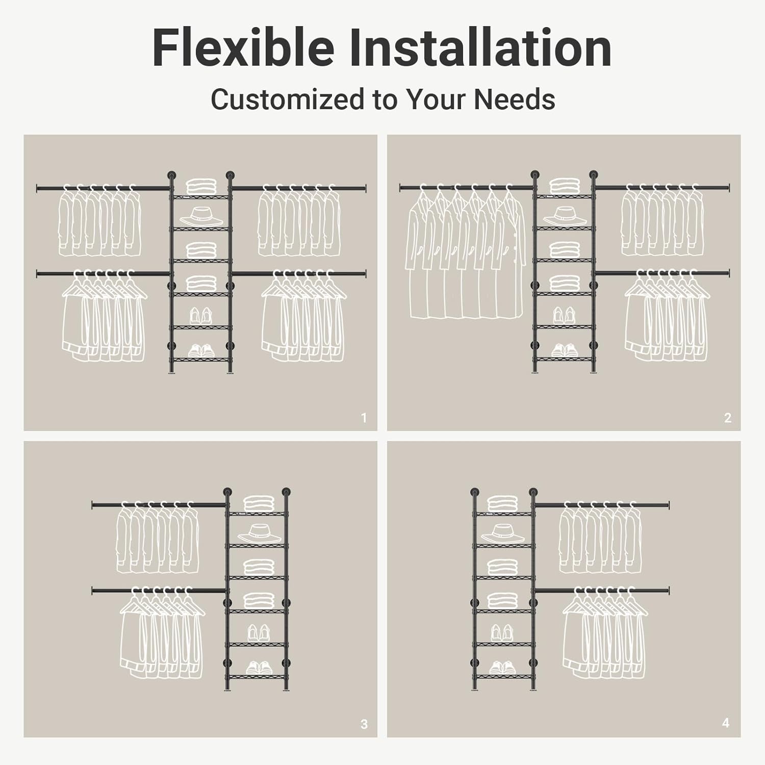 Timate S3X Medium Expandable Wall Mounted Clothes Rack with 6 Adjustable Shelves & 4 Expandable Hanger Rods, Heavy Duty Industrial Pipe Clothing Rack for Hanging Clothes, Fits Spaces 5'3'- 8', Black