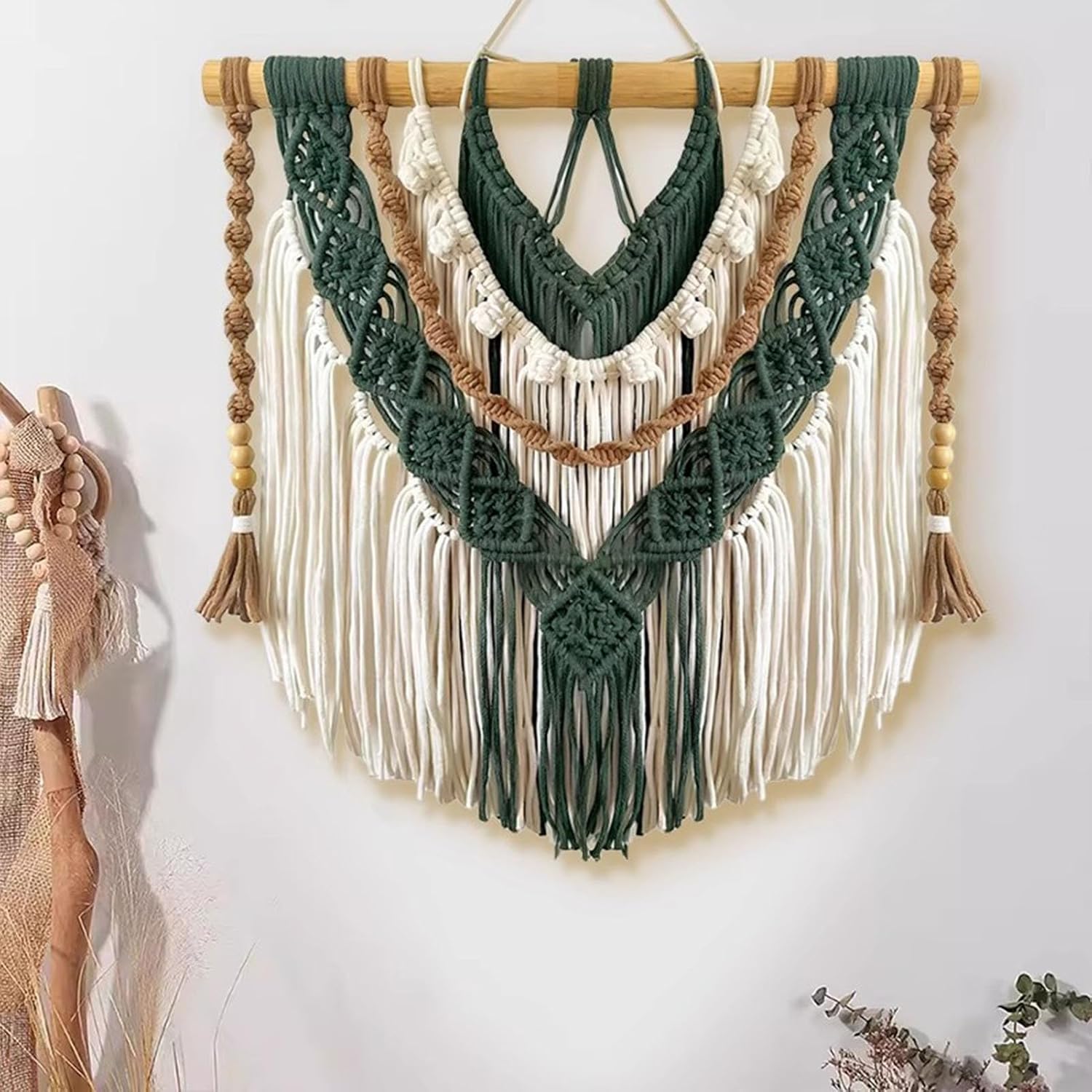 Macrame Wall Hanging Boho Macrame Wall Hanging – Handwoven Green & Cream Cotton Tapestry with Wooden Dowel, Art Decor for Living Room, Bedroo(80x85cm/31.5x33.4in)