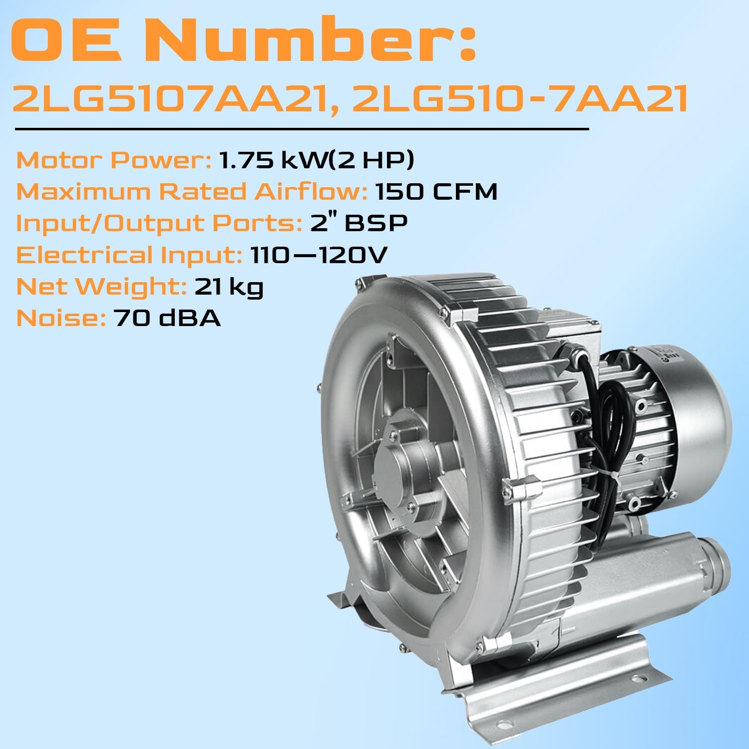 2HP Regenerative Blower 110-120V | 1.75 KW 150 CFM High-Pressure Industrial Vacuum Pump for Air Blowing Sewage Aeration Aquarium Fish Pond, Replace# 2LG510-7AA21 2LG5107AA21