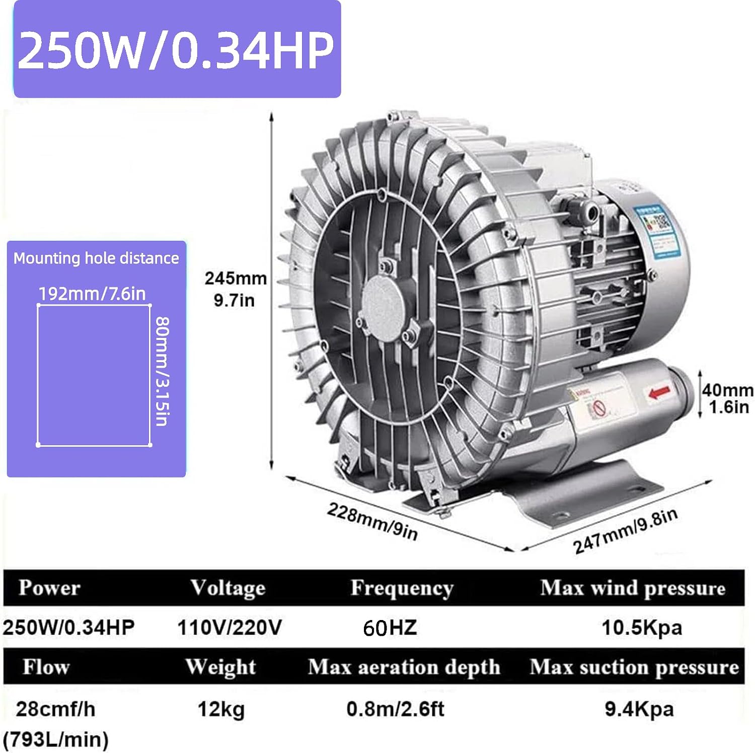 Regenerative Blower Single Phase, 120W-1500W Vortex Ring Blower, High Pressure Industrial Vacuum Pump, 110V 60Hz Centrifugal Fan for Air Blowing or Suction, 370W