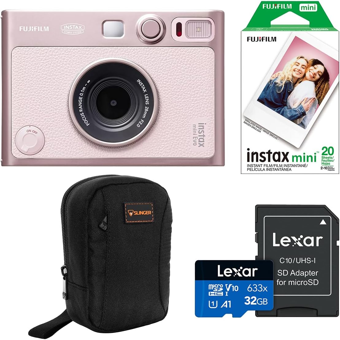 Fujifilm Instax Mini Evo Instant Film Camera, Black, Bundle with Fujifilm instax mini Instant Daylight Film Pack 20 Exposures, Slinger Alpine 2 Camera Bag, Lexar 32GB Memory Card w/SD Adapter (Pink)