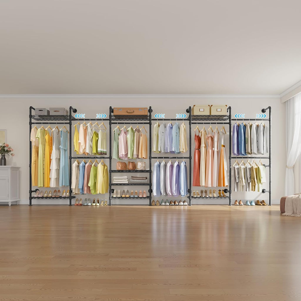 Timate F6 Wall Mounted Clothes Rack - Expandable Industrial Pipe Closet System, Heavy Duty Hanging Garment Rack, Closet Organizer & Storage Solution for Wardrobe, Bedroom,Walk-in Closets,Black