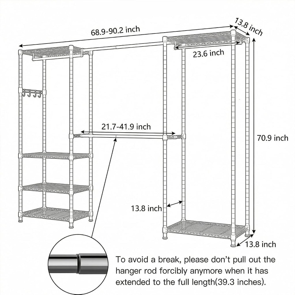 BATHWA Heavy Duty Clothes Rack Freestanding Closet for 68.9 to 90.2' Space | Expandable Clothing Storage, Adjustable 6 Shelves, 4 Hanging Rods, Massive Capacity 870 lbs, Black Metal Wardrobe