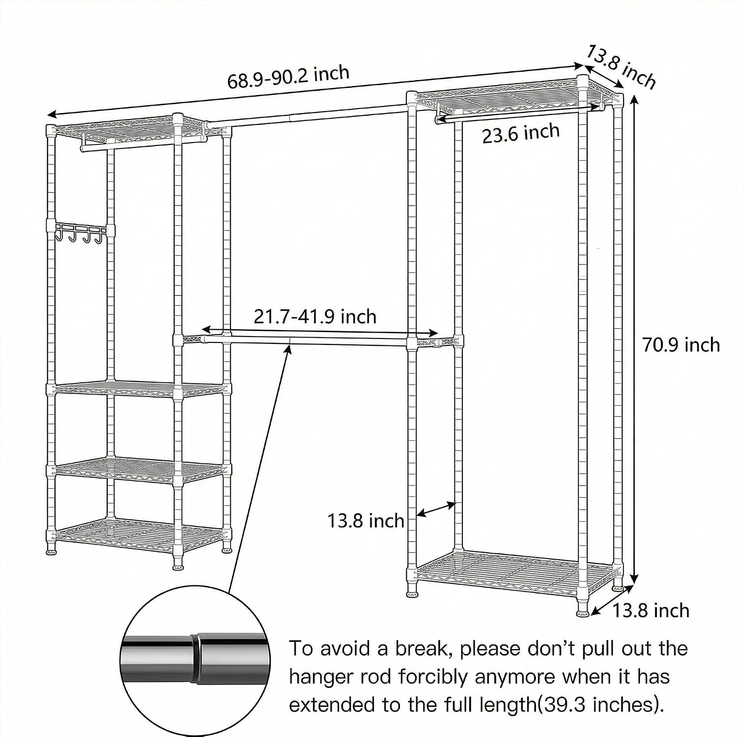 BATHWA Heavy Duty Clothes Rack Freestanding Closet for 68.9 to 90.2' Space | Expandable Clothing Storage, Adjustable 6 Shelves, 4 Hanging Rods, Massive Capacity 870 lbs, Black Metal Wardrobe