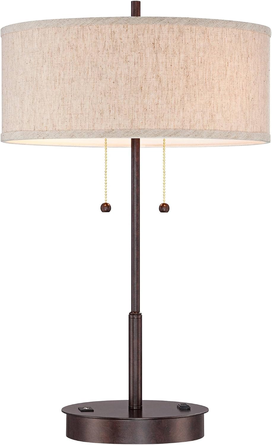 360 Lighting Nikola Modern Accent Table Lamps 23.5' High Set of 2 with Hotel Style USB and AC Power Outlet in Base Bronze Slim Fabric Drum Shade for Living Room Desk Bedroom House Bedside