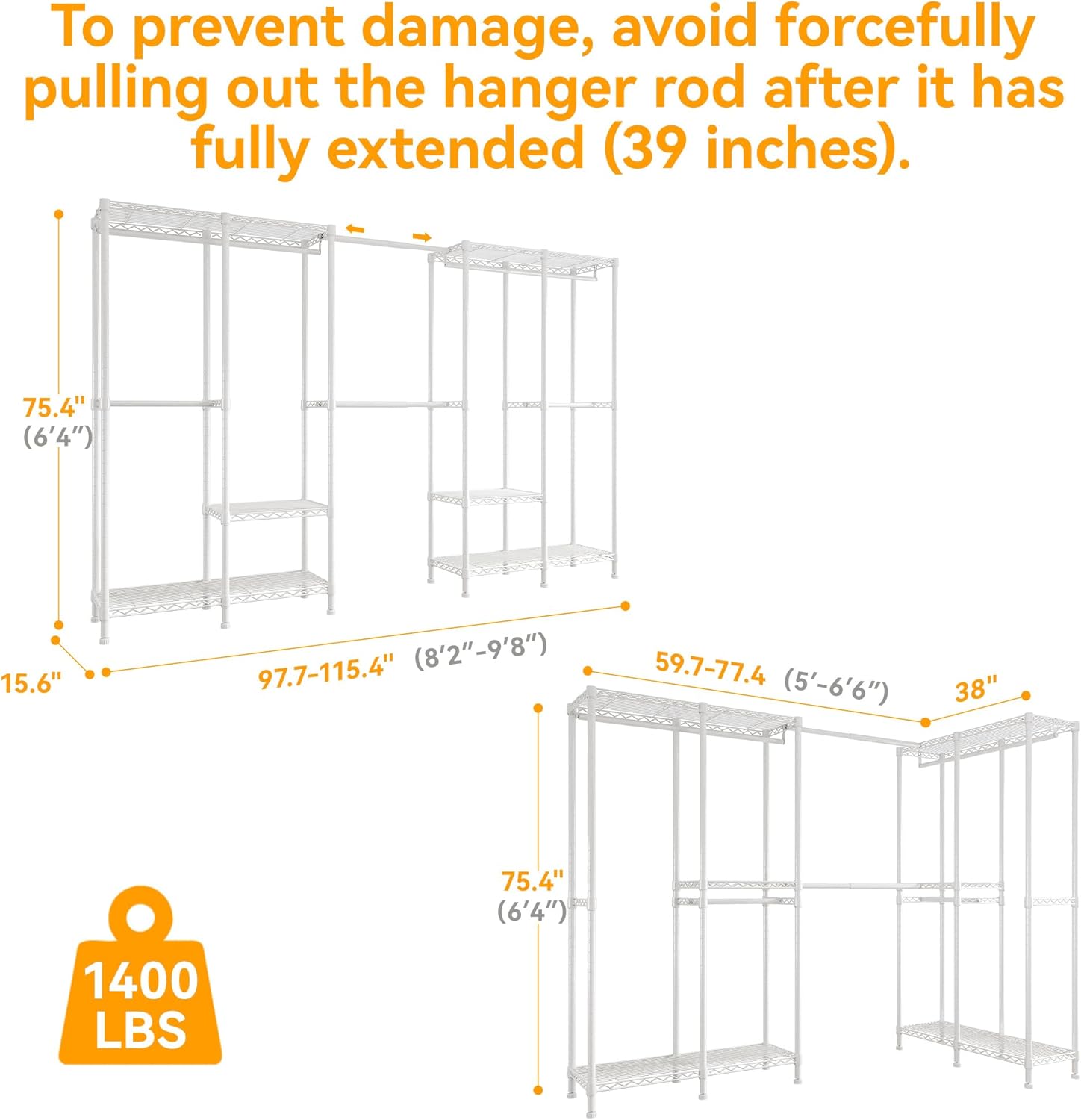 Higeego H5 Pro Heavy Duty Clothes Rack Wardrobe Closet for Hanging Clothes, Freestanding Garment Rack with Expandable Hanger Rods, Closet Organizer and Storage, (97.7-115.4')L x 15.7'W x 75.4'H, White