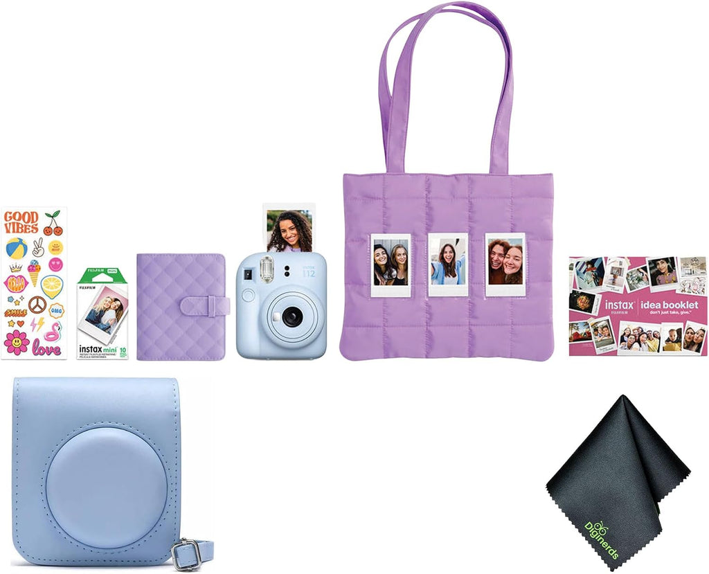FUJIFILM Instax Mini 12 Instant Film Camera 2025 Holiday Bundle (Blue) + Compatible Carrying Case + Microfiber Cleaning Cloth