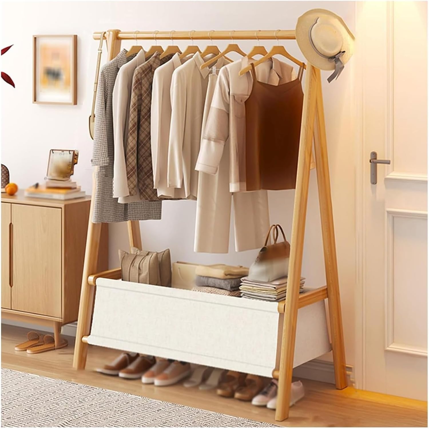 Garment Rack,Clothes Rack, Foldable Clothing Garment Rack, Wooden Clothes Hanging Rack,Living Bedroom Office Storage Shelves,For Hanging Clothes(Yellow-A,118cm)