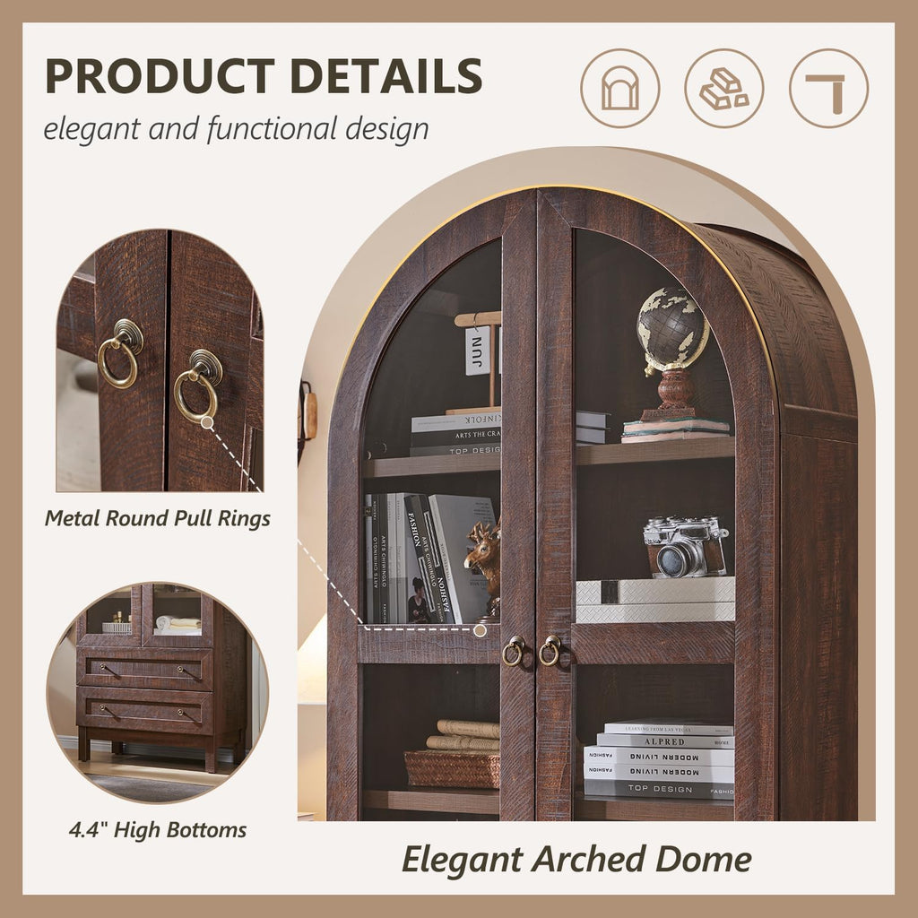 71' Tall Arched Bathroom Storage Cabinet, 4-Tier cabinet w/2 Large Drawers &Adjustable Shelves, Wooden bathroom Floor cabinets w/Glass Doors, Modern Farmhouse Versatile Cabinets for bathroom, Brown