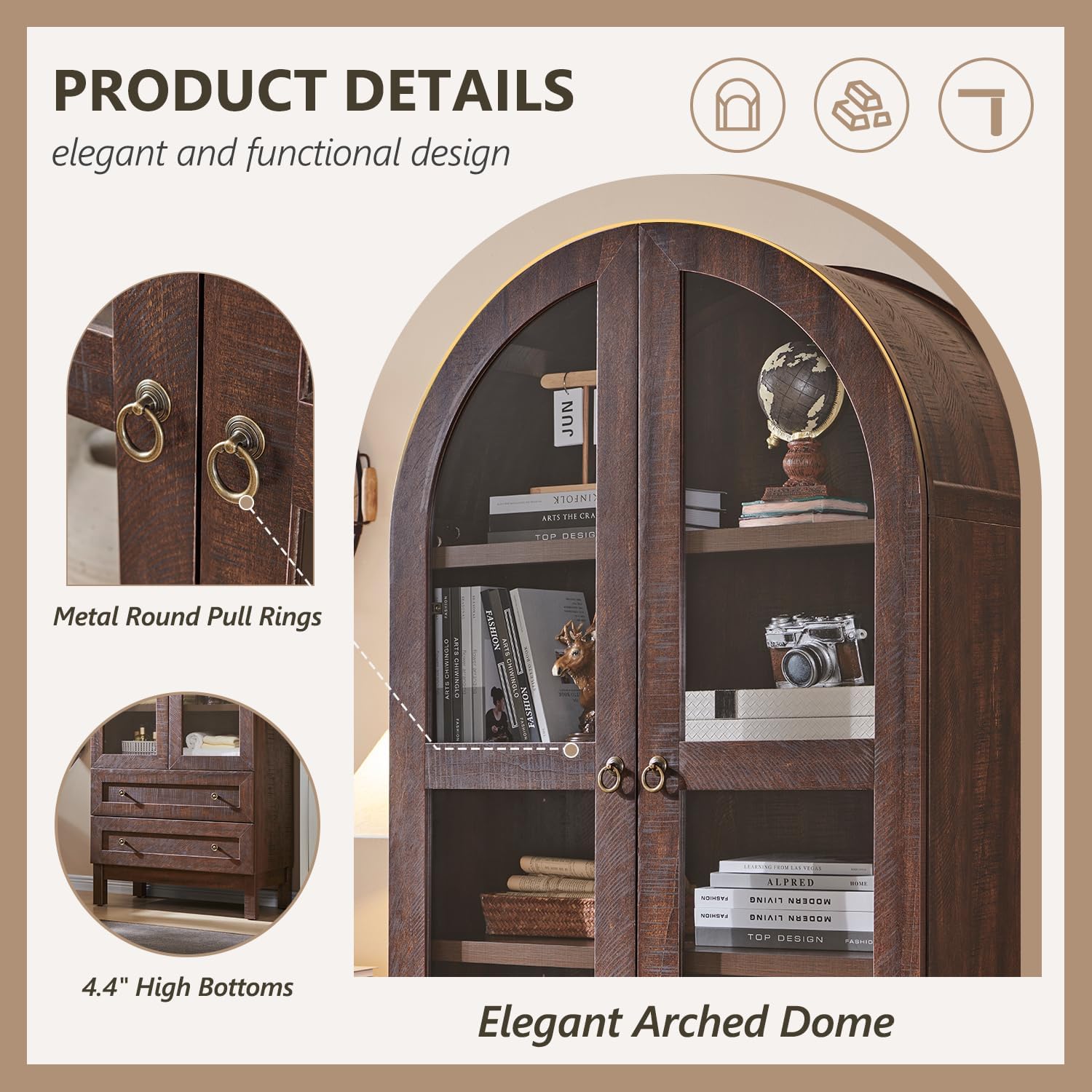 71' Tall Arched Bathroom Storage Cabinet, 4-Tier cabinet w/2 Large Drawers &Adjustable Shelves, Wooden bathroom Floor cabinets w/Glass Doors, Modern Farmhouse Versatile Cabinets for bathroom, Brown