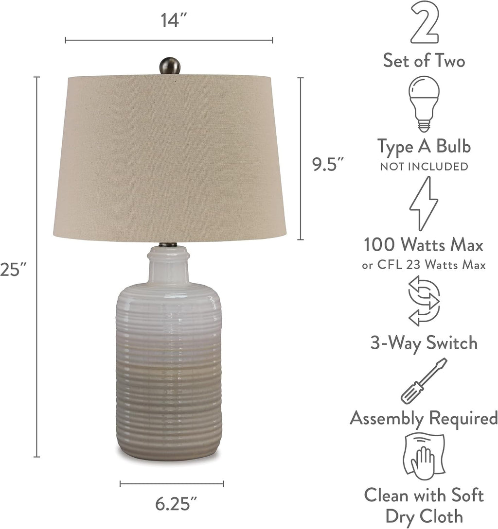 BOWERY HILL Contemporary Ceramic Table Lamps, Taupe Finish, Set of 2, 24 in Height, Drum Shade, 3-Way Switch, UL Listed Lighting for Bedroom or Living Room