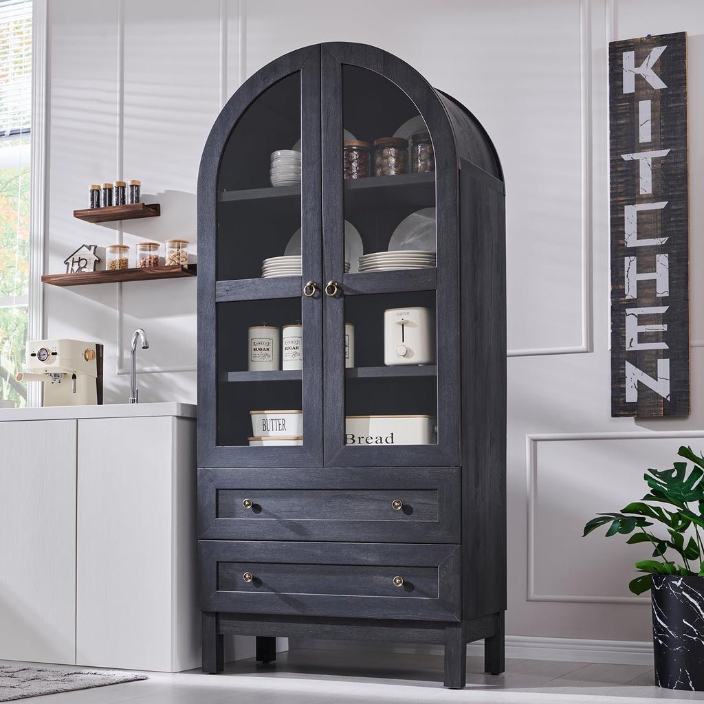 71' Tall Arched Bathroom Storage Cabinet, 4-Tier cabinet w/2 Large Drawers &Adjustable Shelves, Wooden Bathroom Floor cabinets w/Glass Doors, Modern Farmhouse Versatile Cabinets for bathroom,Dark Grey