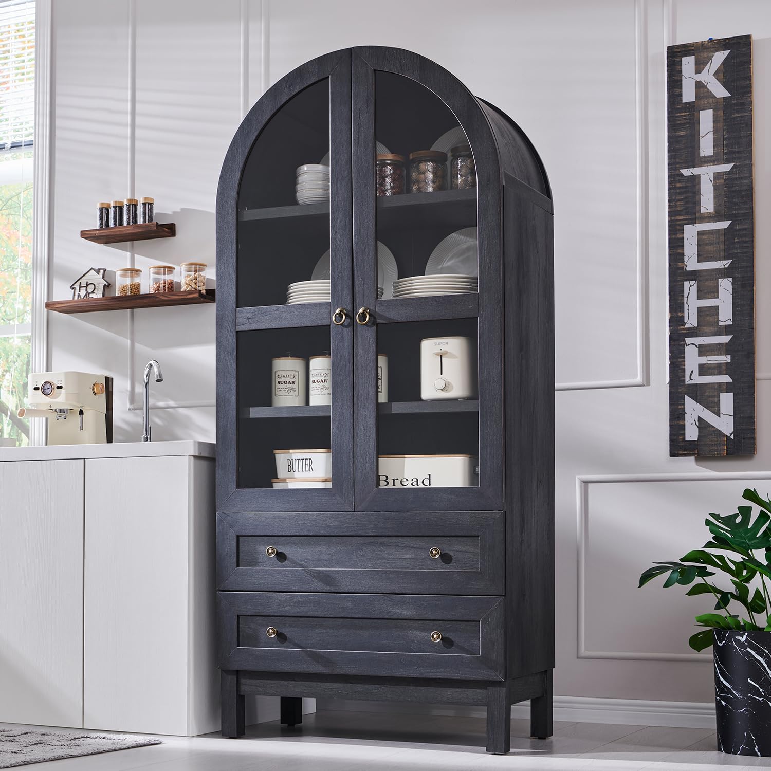71' Tall Arched Bathroom Storage Cabinet, 4-Tier cabinet w/2 Large Drawers &Adjustable Shelves, Wooden Bathroom Floor cabinets w/Glass Doors, Modern Farmhouse Versatile Cabinets for bathroom,Dark Grey