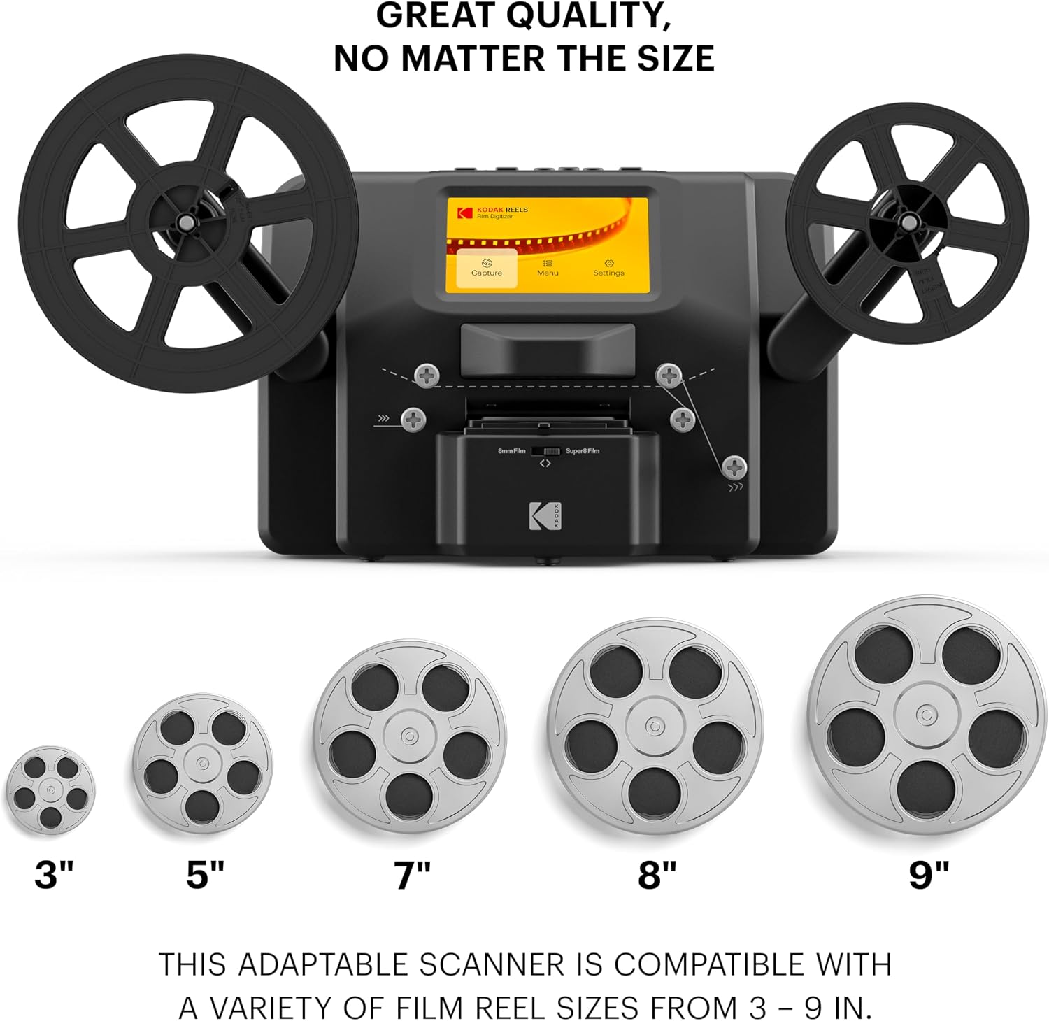 KODAK REELS 8mm & Super 8 Films Digitizer Converter with Big 5' Screen, Scanner Converts Film Frame by Frame to Digital MP4 Files for Viewing, Sharing & Saving on SD Card for 3' 4' 5' 7' and 9' Reels