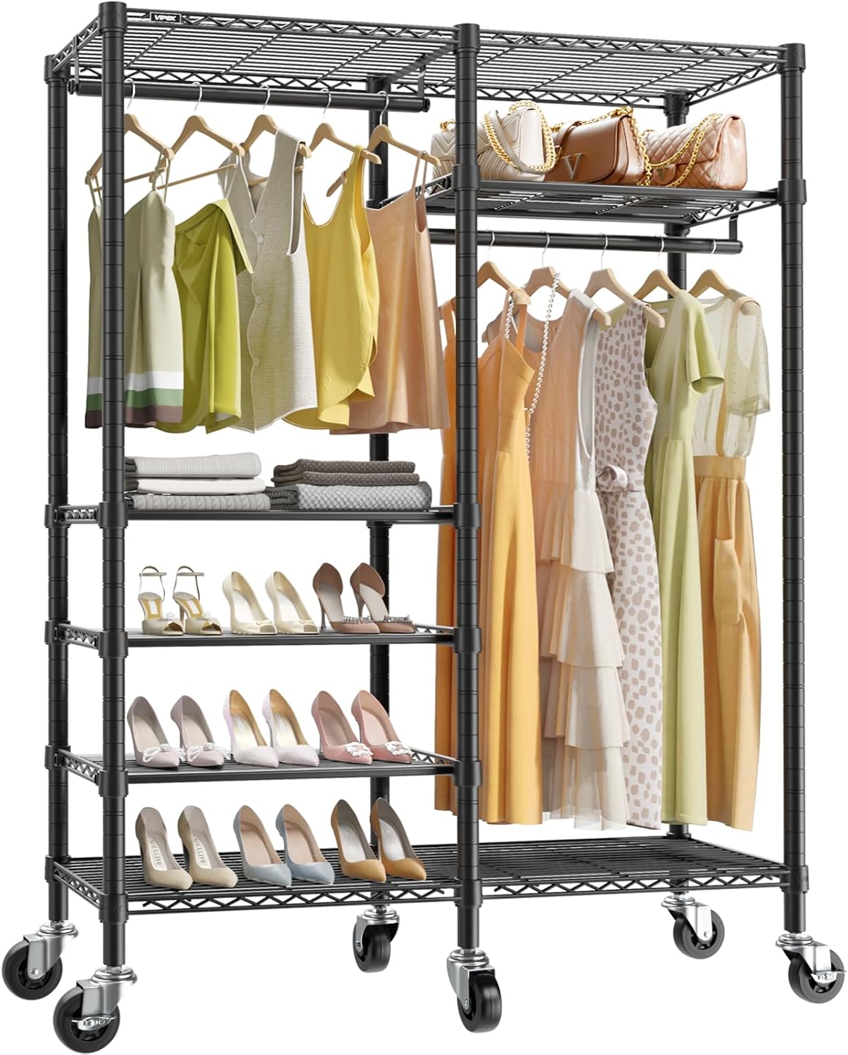 VIPEK R4 Rolling Clothes Rack for Closet, Garment Rack With Lockable Wheels, 6 Adjustable Shelves & 2 Hanger Rods for Bedroom or Laundry Room, Metal Clothing Rack, Max Load 620LBS, Black