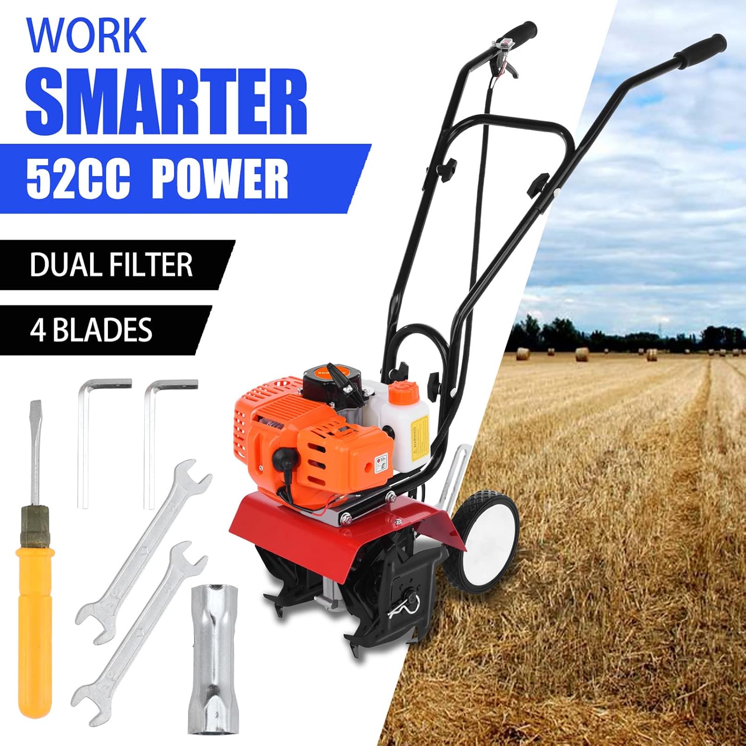 Garden Tillers Gas Powered, 2 Stroke Rototiller with 1.2L Fuel Tank, 52cc 9000RPM Tiller Cultivator with 7.8-Inch Tillling Width, 6-Inch Depth, Easy to Carry Lawn Tiller for Garden Soil Digging (Red)