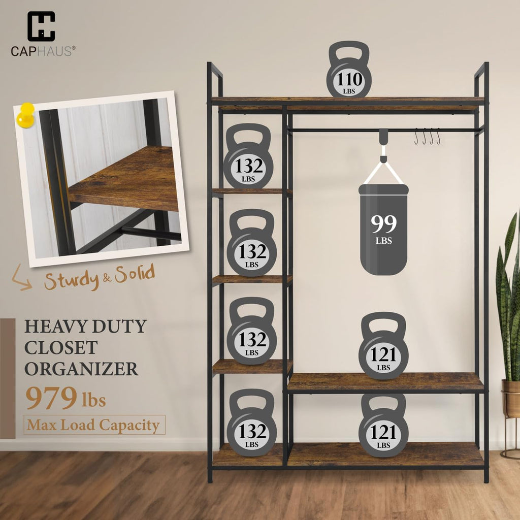 Fencer Wire Heavy Duty 979lbs Freestanding Closet Organizer w/Hanging Rods & Fabric Drawers, Garment Rack, Metal Clothes Rack w/Wood Shelves, Freestanding Closet Wardrobe, Rustic Oak Board
