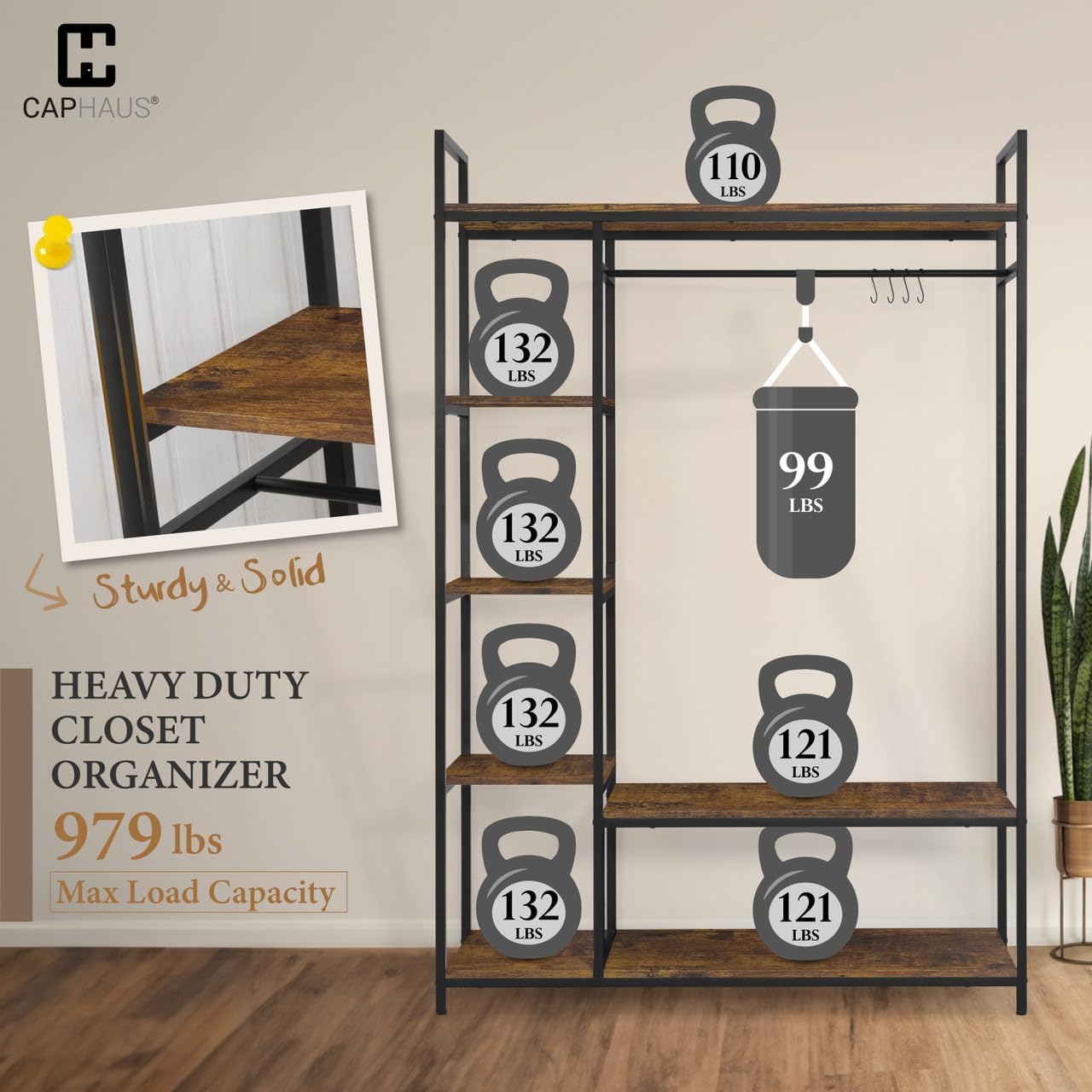 Fencer Wire Heavy Duty 979lbs Freestanding Closet Organizer w/Hanging Rods & Fabric Drawers, Garment Rack, Metal Clothes Rack w/Wood Shelves, Freestanding Closet Wardrobe, Rustic Oak Board
