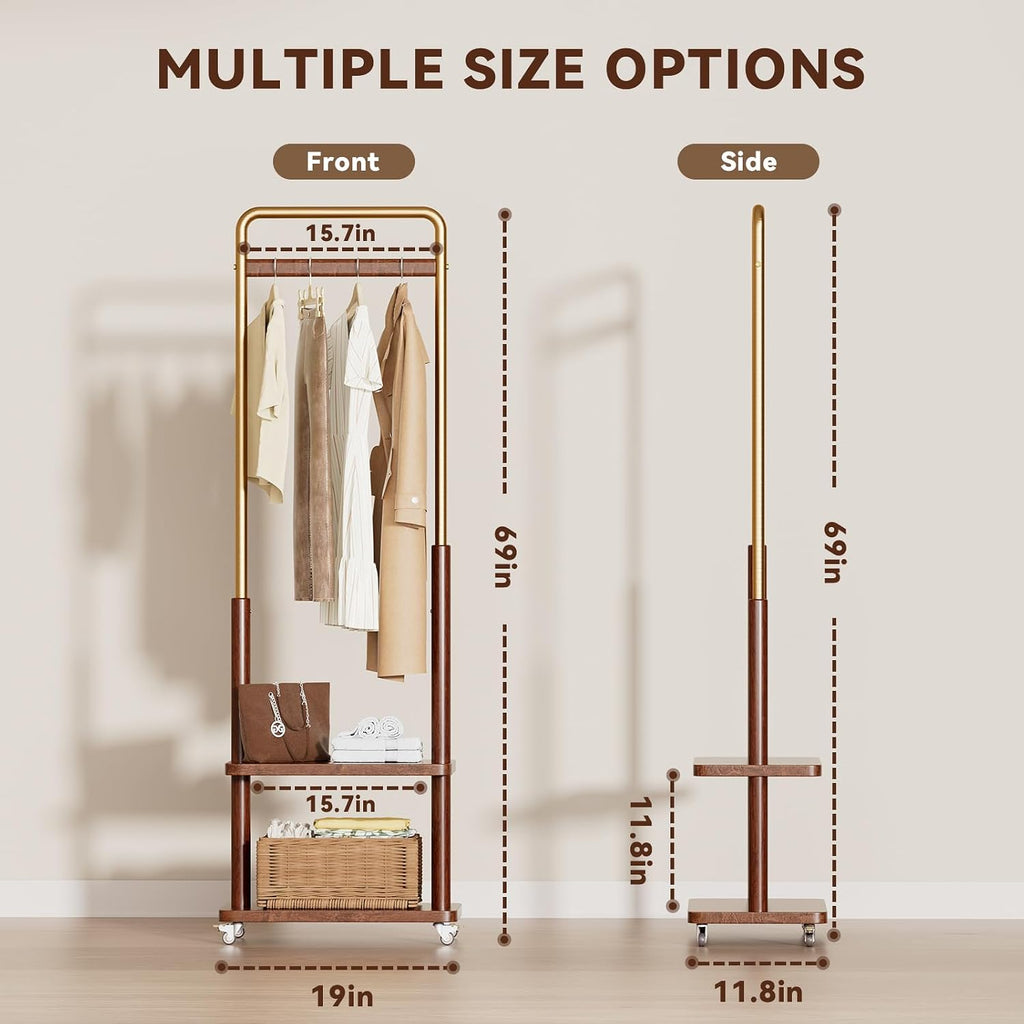 Taitiy Clothes Rack Solid Wood Coat Rack,With Double Shelf Metal & Wood Clothing Rack Freestanding with Wheels for Hanging Clothes Garment, Entryway Bedroom Storage