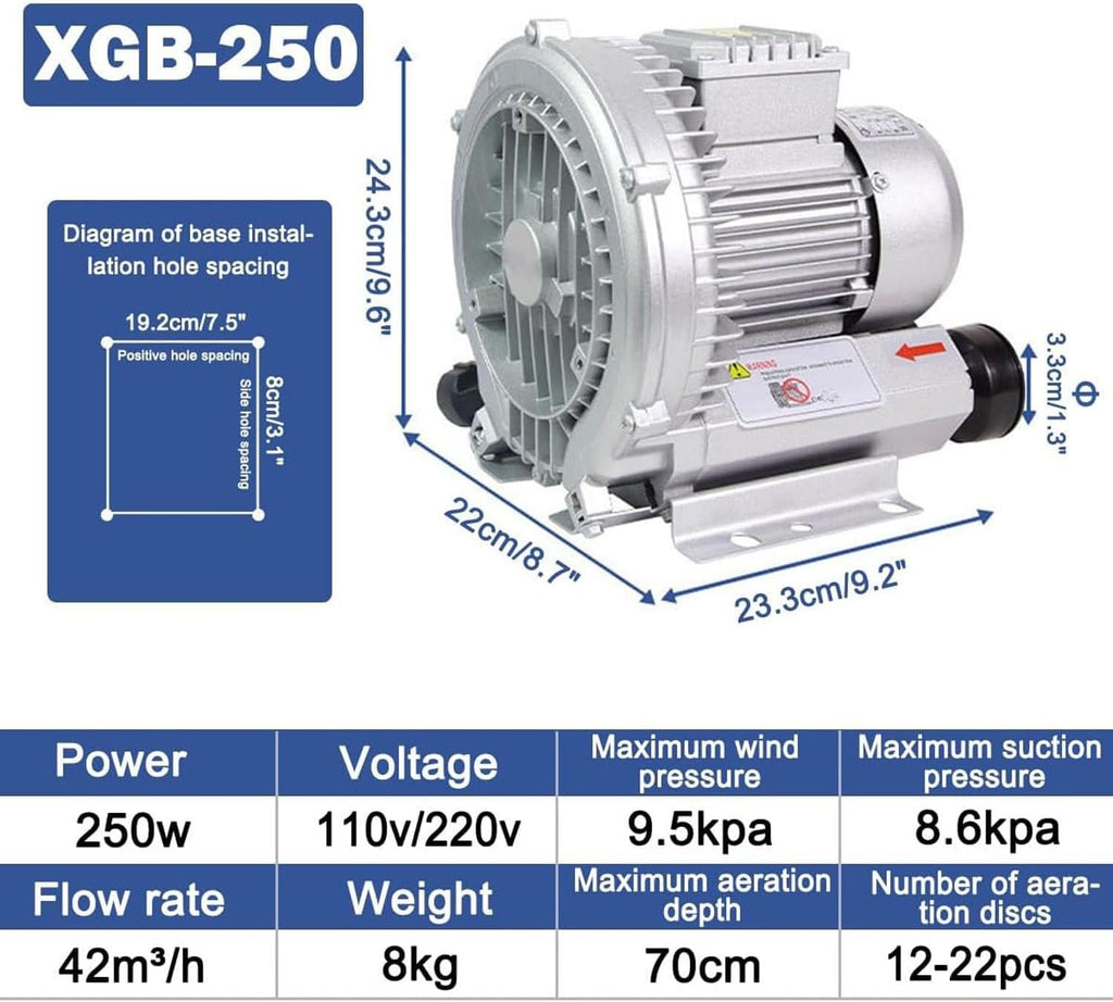 Regenerative Blower, Single Phase Radial Fan Gas Ring Turbine, Gas Ring Compressor Regenerative Blower, Side Channel Compressor, Waste Water Aeration, Fish Pond Ring Blower For Aquarium,250W/0.34HP
