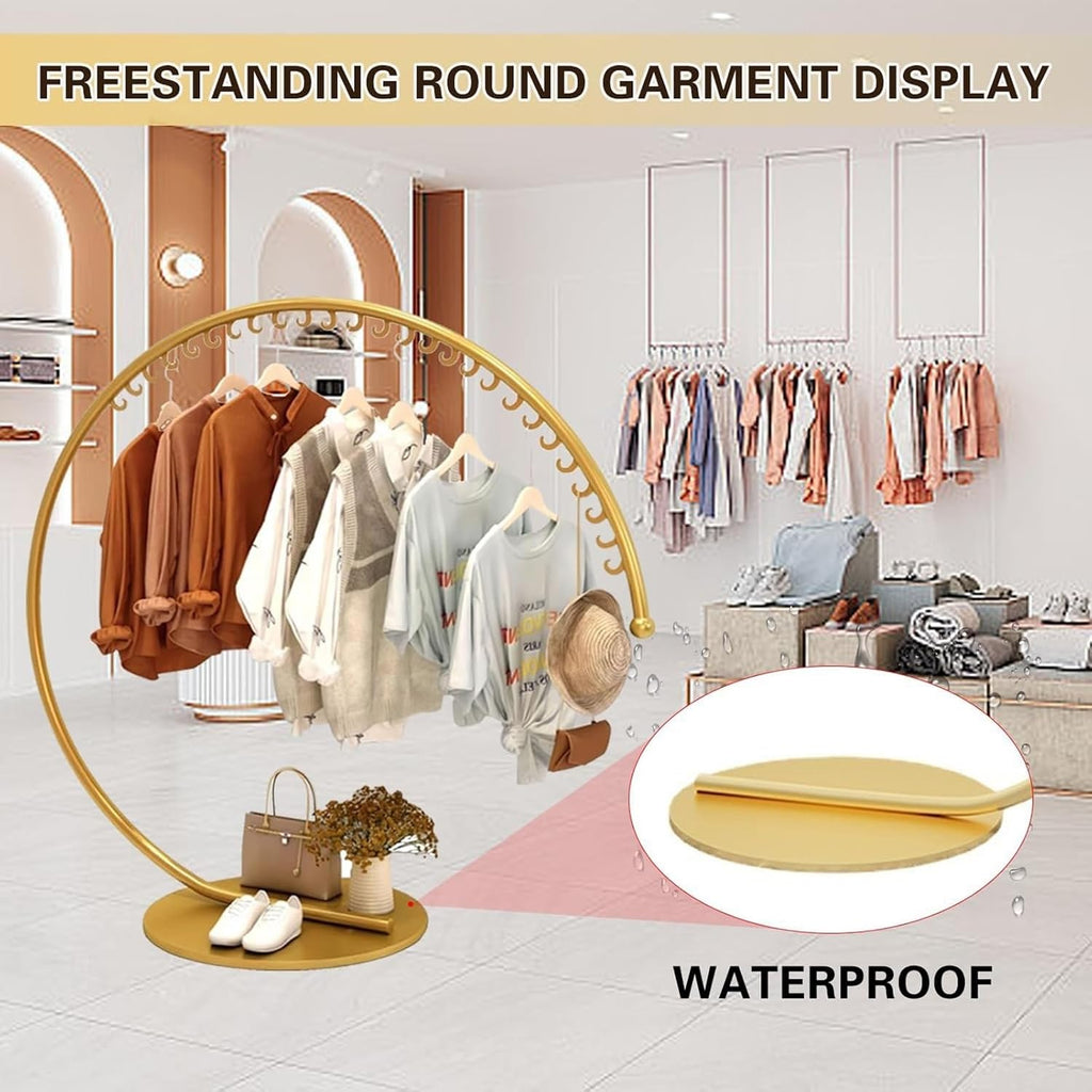 Floor Standing Metal Clothes Rack, Round Garment Rack With Stable Base, Commercial Portable Retail Display Clothing Racks, Creative Garment Rack For Hanging Clothes(Gold,160x150cm)