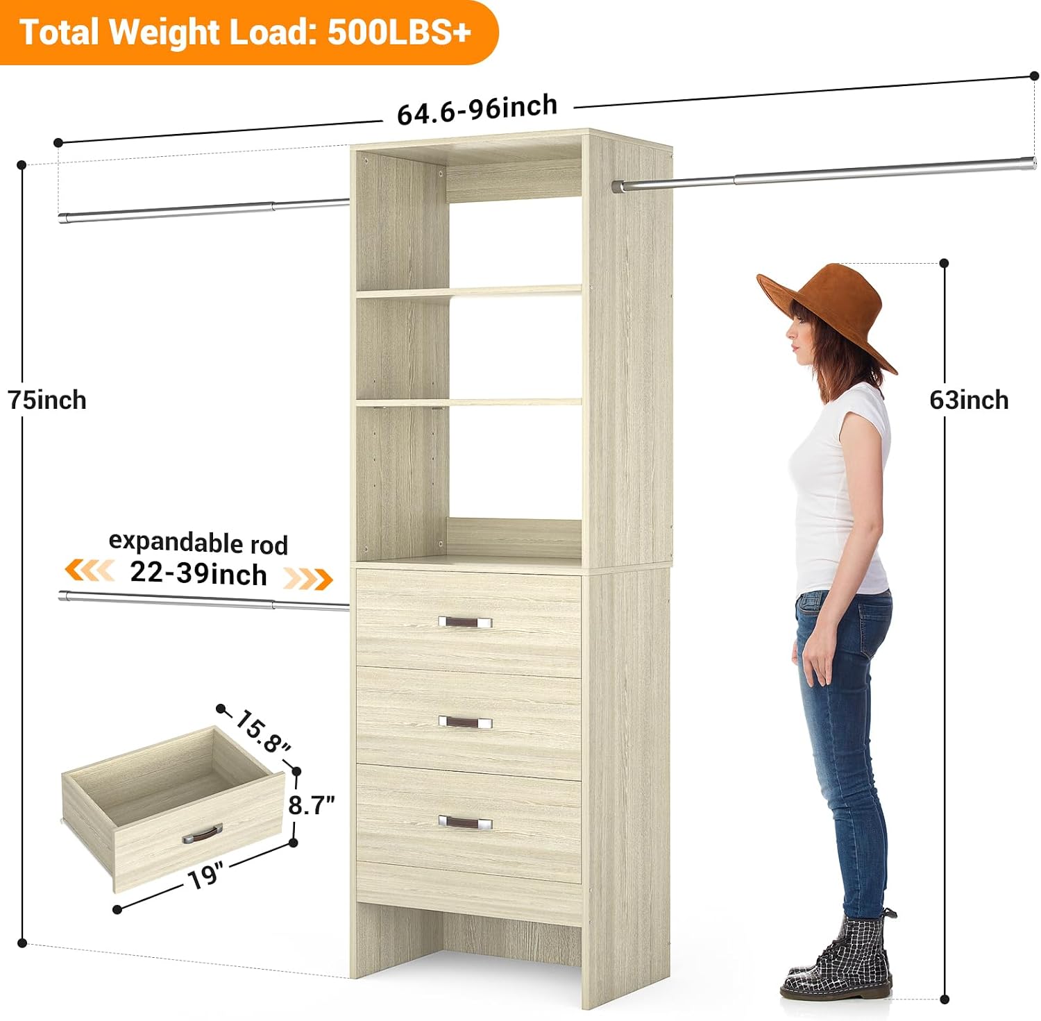 Homieasy 96 Inches Closet Organizer System, 8FT Customizable Walk In Closet Organizer with Hanging Rods, 3 Leather Handle Drawers Garment Rack, 96' L x 16' W x 75' H, Max Load 1000 LBS, White Oak