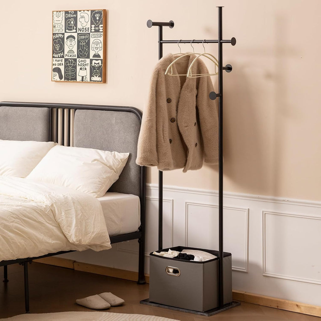 JIAYUEJU Heavy Duty Clothes Rack with Basket & Marble Base, Clothing Rack for Hanging Clothes, Coat Rack Freestanding for Entryway Bedroom Living Room Hotel 13.39' D x 19.69' W x 68.9' H (Black)