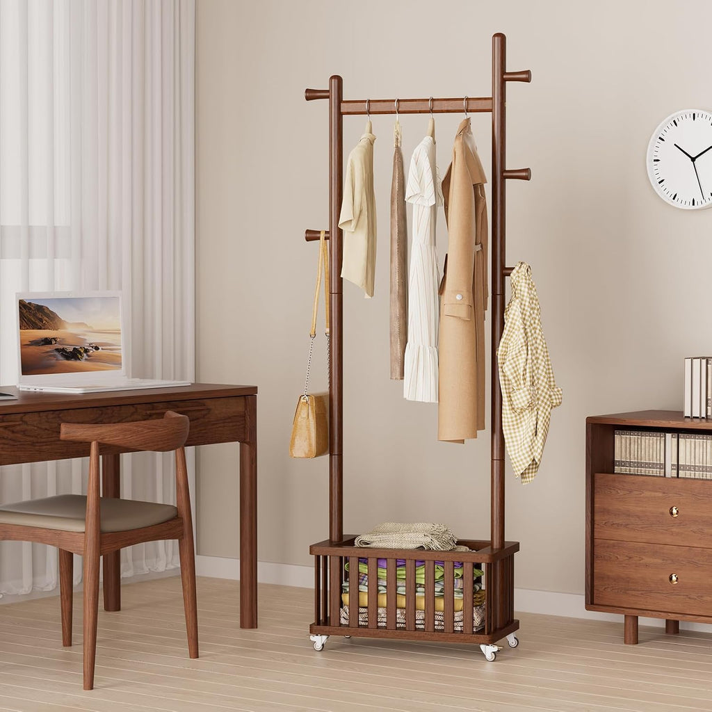 Taitiy Solid Wood Coat Rack Clothes Rack, Coat Rack Freestanding with Storage Basket and 5 Hooks, Heavy Duty Coat Tree for Entryway, Living room, Coat Hanger Stand for Hats, Bags Clothes