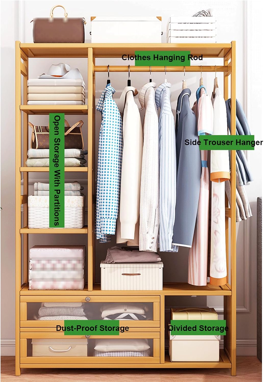 Bamboo Clothes Rack Storage Shelves w/2 Drawers Free Standing Garment Rack w/Side Hooks & Pants Rack Heavy Duty Clothing Hanging Rack for Hall