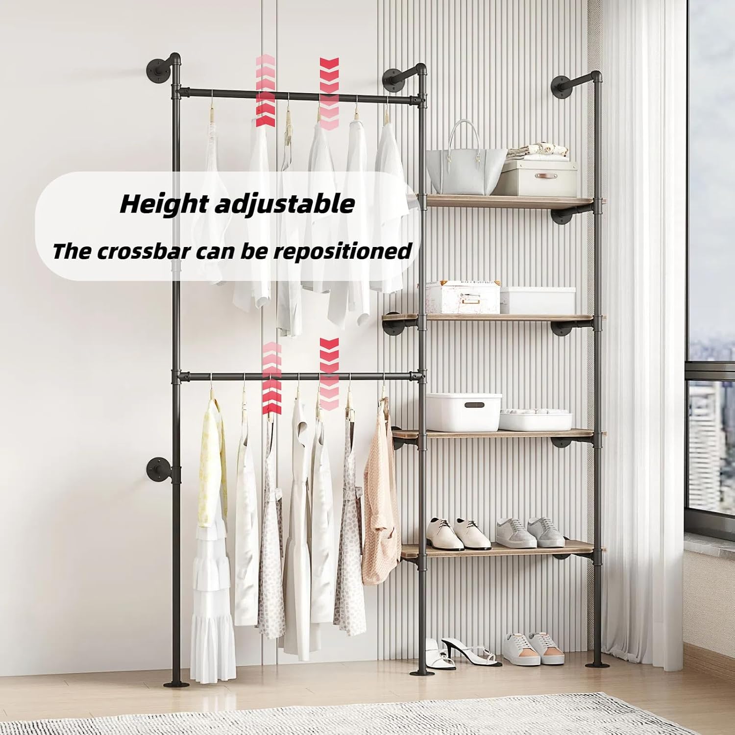Industrial Pipe Clothing Rack, Hanging Rods Clothes Rack with Shelves, Clothes Rack for Wardrobe, Corner Closet System for Walk in Closets (Black, II-4Tier)