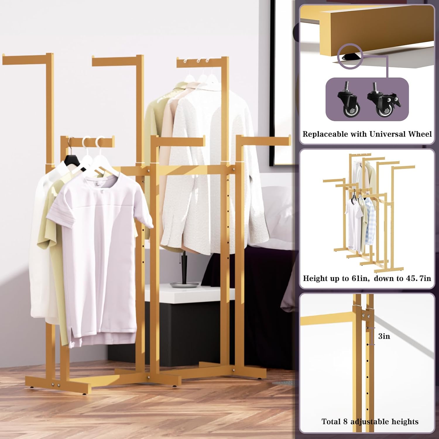 Retail Clothing Rack - for Hanging Clothes - Rolling Metal Garment Racks Heavy Duty, Gold Commercial Clothing Display Rack with Wheels, Tall Sturdy Stand Clothing Racking (8 Arm,Gold)