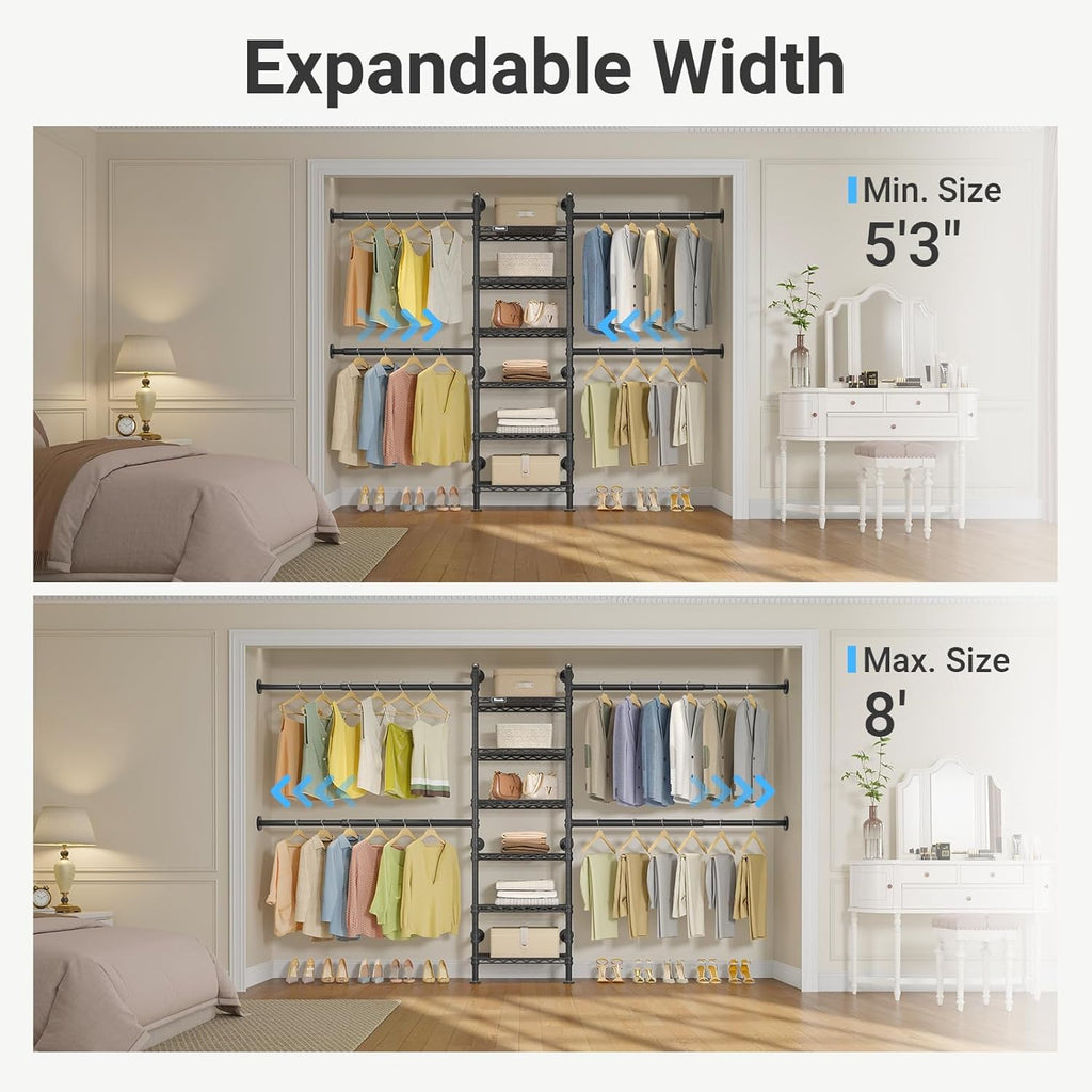 Timate S3X Medium Expandable Wall Mounted Clothes Rack with 6 Adjustable Shelves & 4 Expandable Hanger Rods, Heavy Duty Industrial Pipe Clothing Rack for Hanging Clothes, Fits Spaces 5'3'- 8', Black