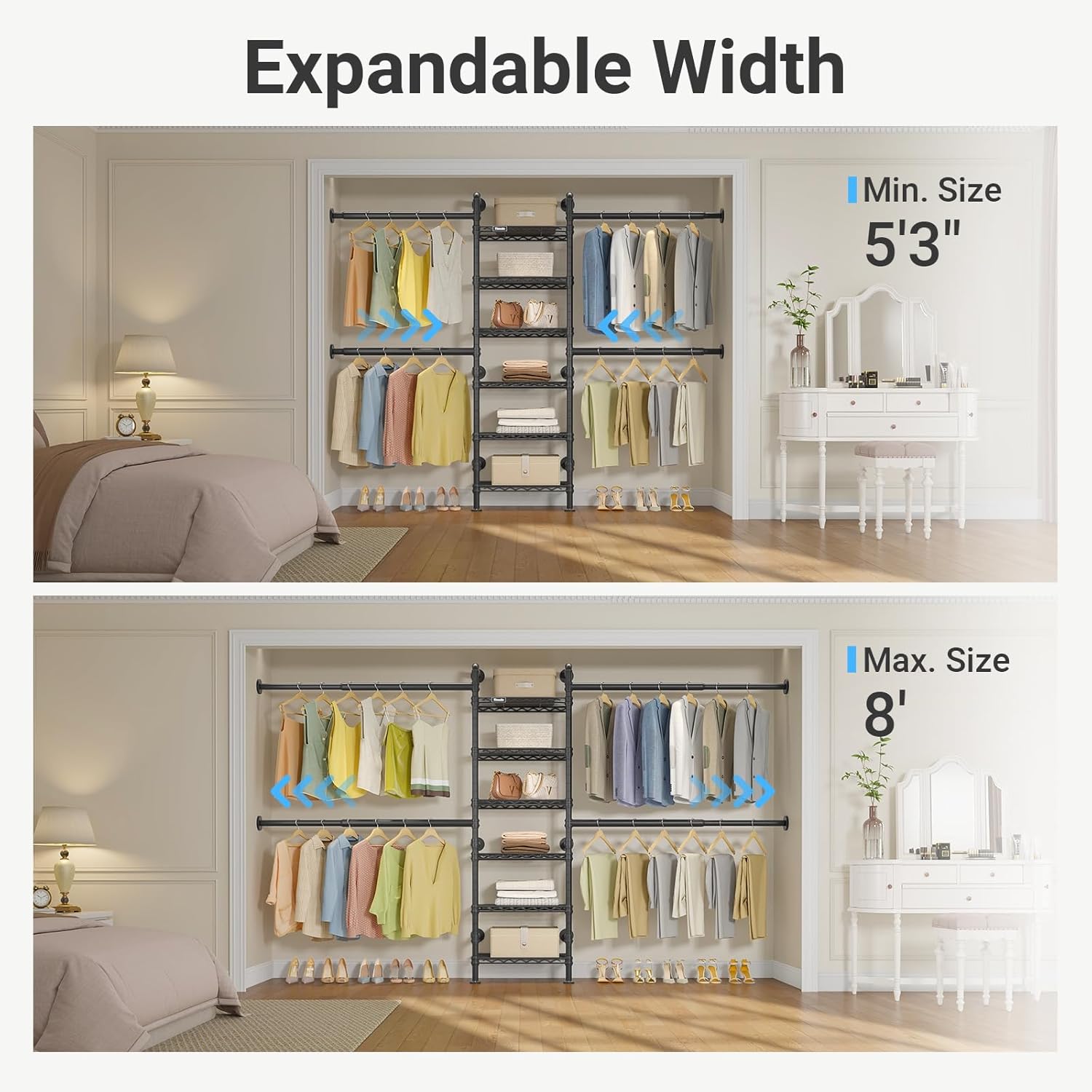 Timate S3X Medium Expandable Wall Mounted Clothes Rack with 6 Adjustable Shelves & 4 Expandable Hanger Rods, Heavy Duty Industrial Pipe Clothing Rack for Hanging Clothes, Fits Spaces 5'3'- 8', Black